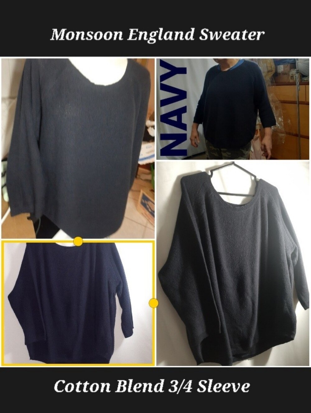 NWT Monsoon England Navy Cotton Blend 3/4 Sleeve Boat Sweater Size 16